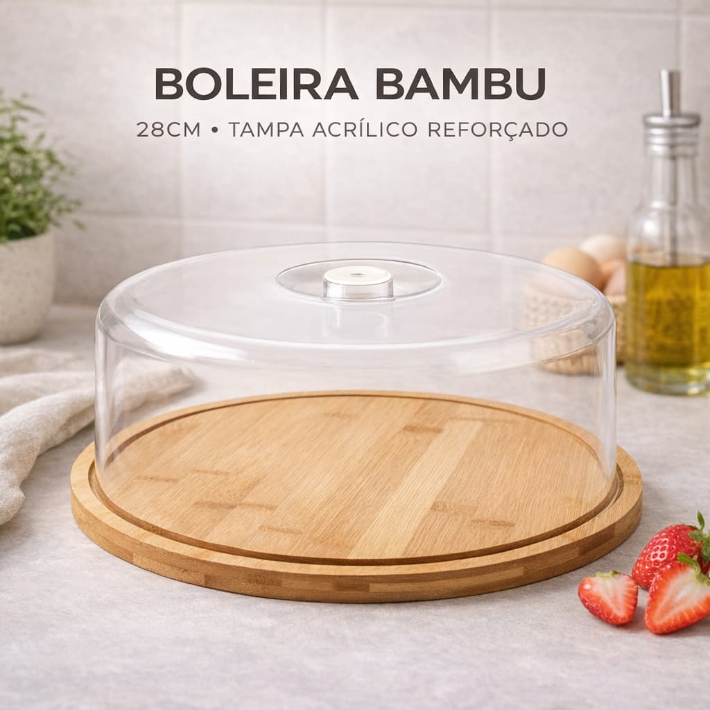 Boleira Bambu Com Tampa Acrílica Reforçada Porta Bolo Tortas Sobremesas  Mesa Posta