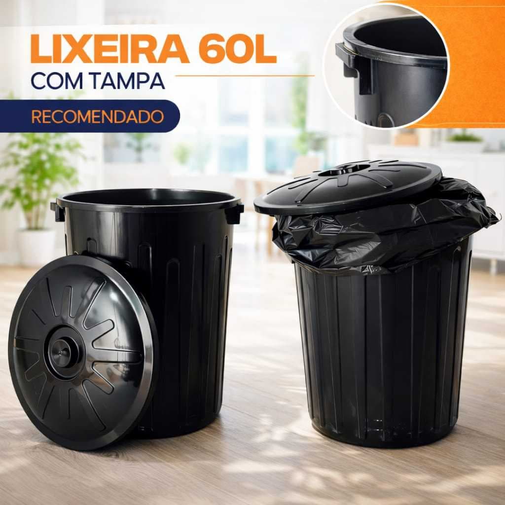 Lixeira 60 Litros Preta Redonda Com Tampa Para Evitas Odores Super Resistente  Cesto Lixao Balde Para Lixo Limpeza