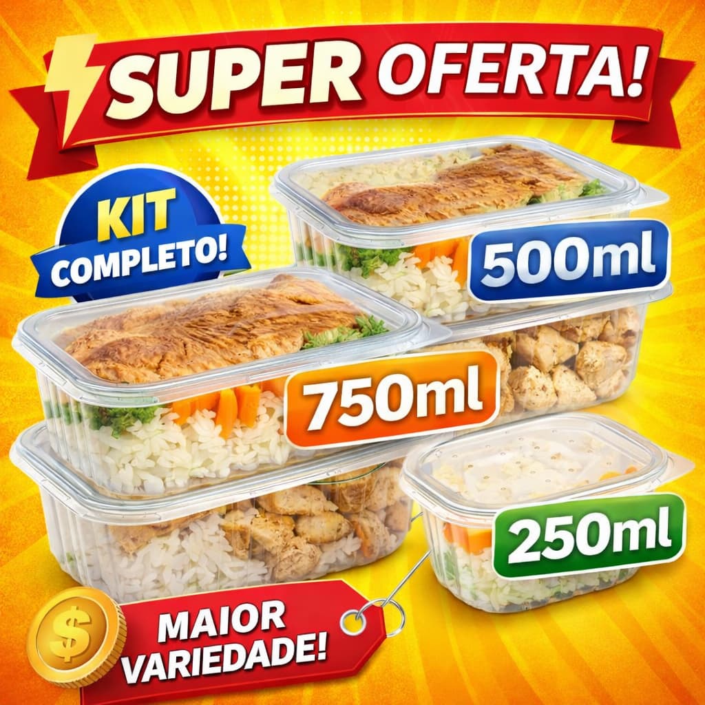 24 Marmitas Descartáveis 250 ML/500ml/750ml - Pote Retangular Fitness Freezer Micro-ondas Refeição