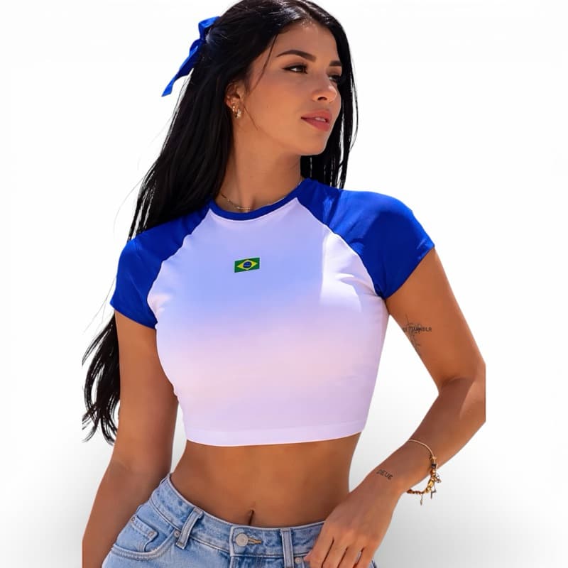 Cropped Feminino Brasil Manga Curta Azul e Branco