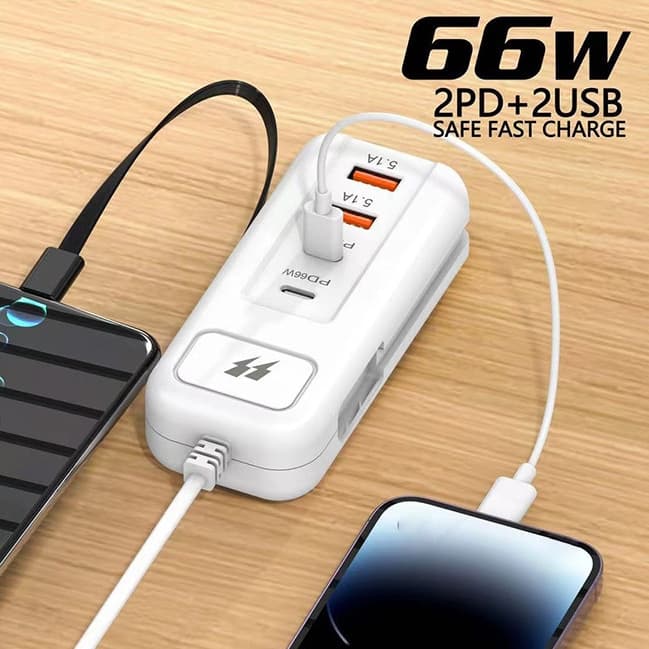 MiniMen Hub de Carregamento Rápido 66W Multiportas Extensão com Cabo USB-C Branco MM-CDJ
