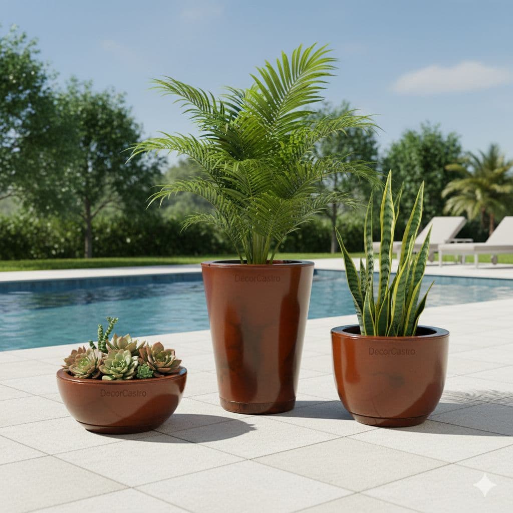 Kit 3 Vasos Para Plantas Coluna Redonda + Bojo + Bacia Escovado ou Liso Marmorizado