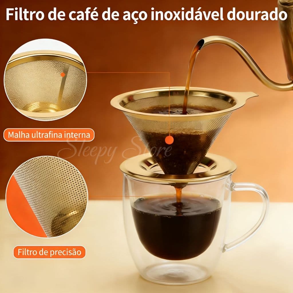 Filtro De Café Coador Luxo de Inox 304(103) Grande Reutilizável Pour Over Dourado