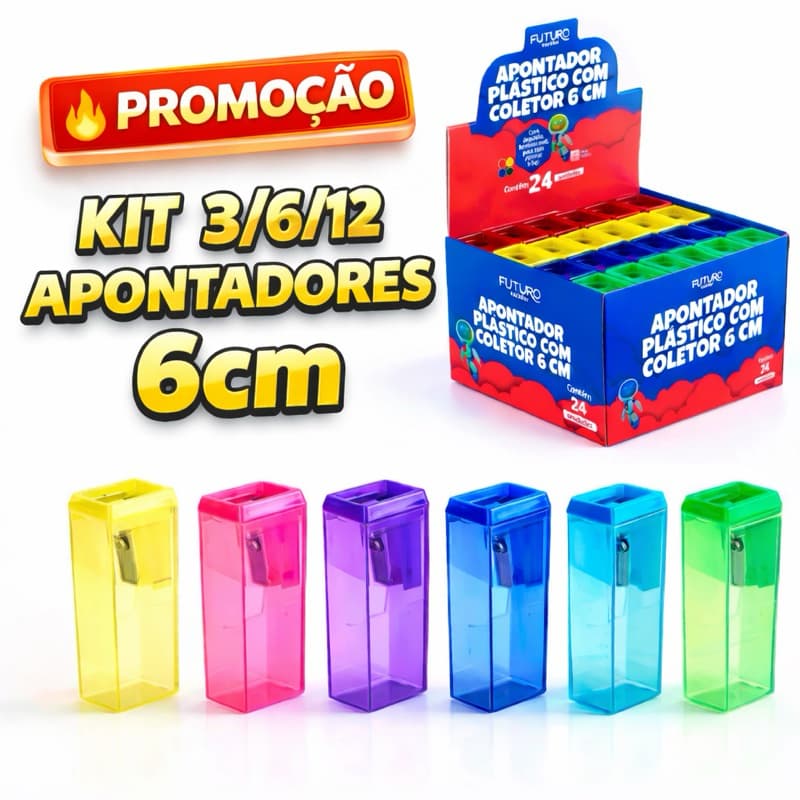 3/6/12 APONTADOR COM DEPÓSITO ESCOLAR 6CM FUTURO – Retangular, Lâmina em Aço, Material Escolar Escritório