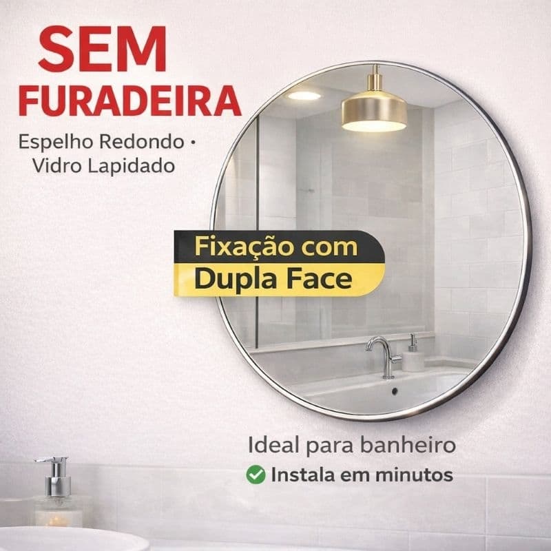 Espelho Redondo para Banheiro 40cm ou 60cm Vidro Lapidado Moderno Fixação Dupla Face