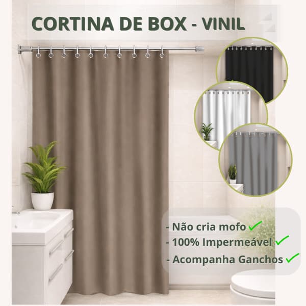 Cortina Para Box de Banheiro Vinil Lisa Moderna Impermeável Com Ganchos Anti-Mofo 1,38M x 1,98M