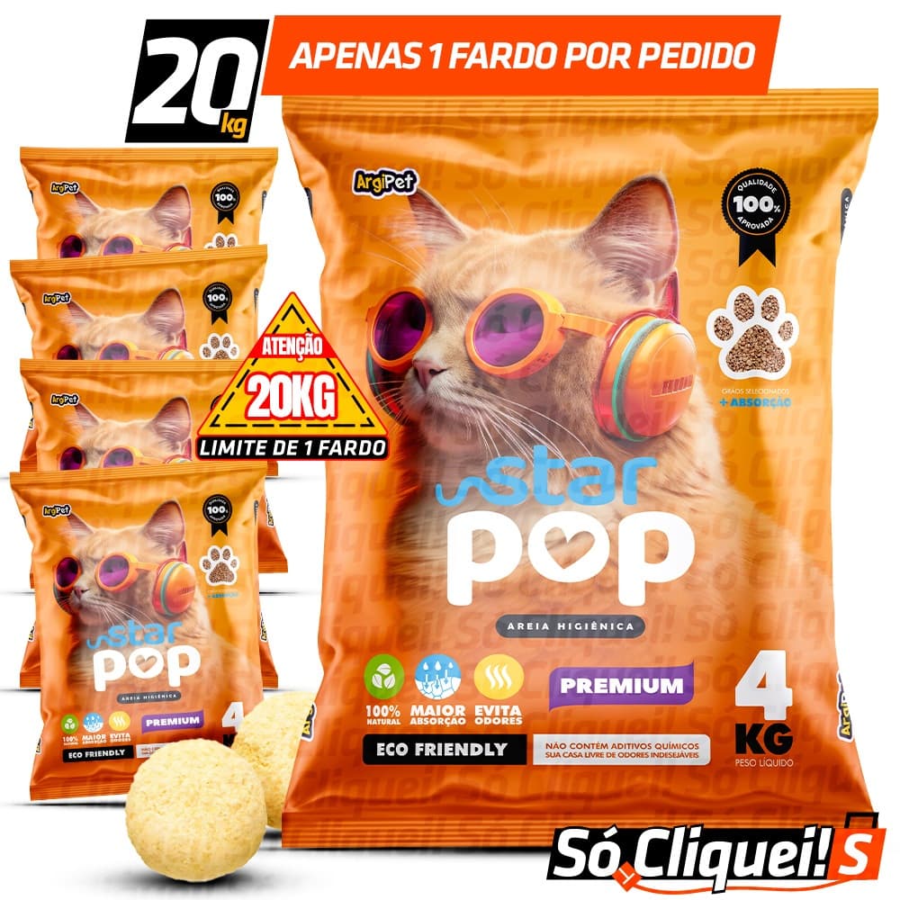 Kit 5 Pacotes Fardo de Granulado Sanitário Areia de Gato Star Pop Extra Fina Forma Torrões Alta Absorção Argipet 20KG