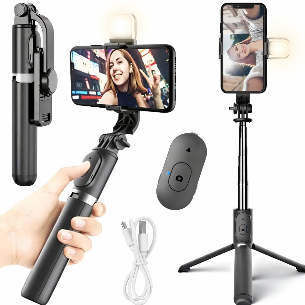 Tripé Pau de Selfie Bluetooth c/ Controle e LED Universal p/ iPhone e Android Suporte Vídeo TikTok Youtube Selfie Stick