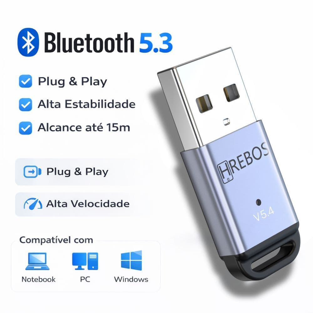 Adaptador USB Bluetooth 5.3 Hrebos AD 228 Para PC E Laptop Receptor E Transmissor Sem fio