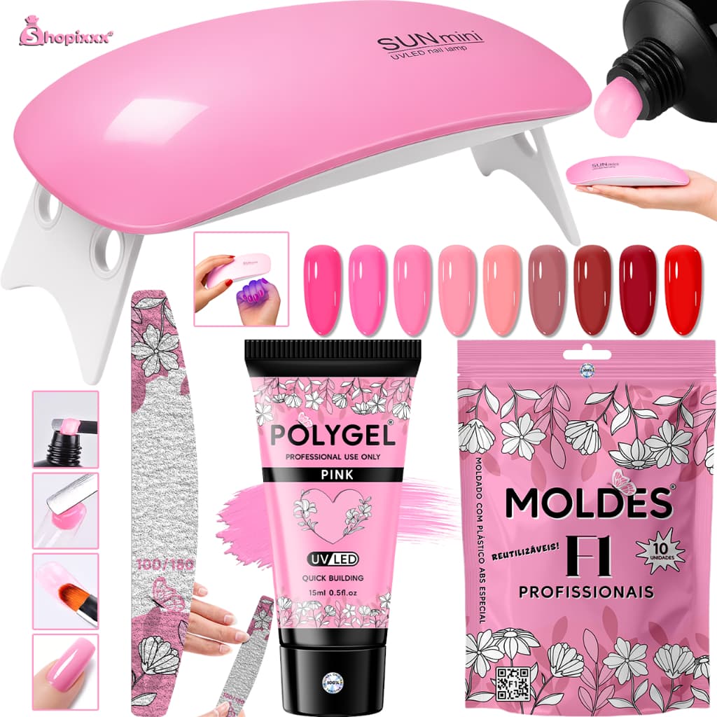 Kit Alongamento Poligel Polygel + Molde F1 + Lixa + Cabine Sun Mini Poly Gel