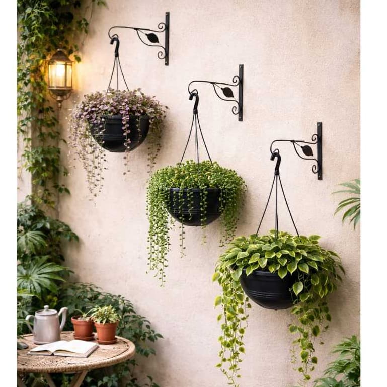 Conjunto 3 Vasos para Plantas com Suporte de Ferro Mão Francesa Vaso Suspenso Decoração Jardim