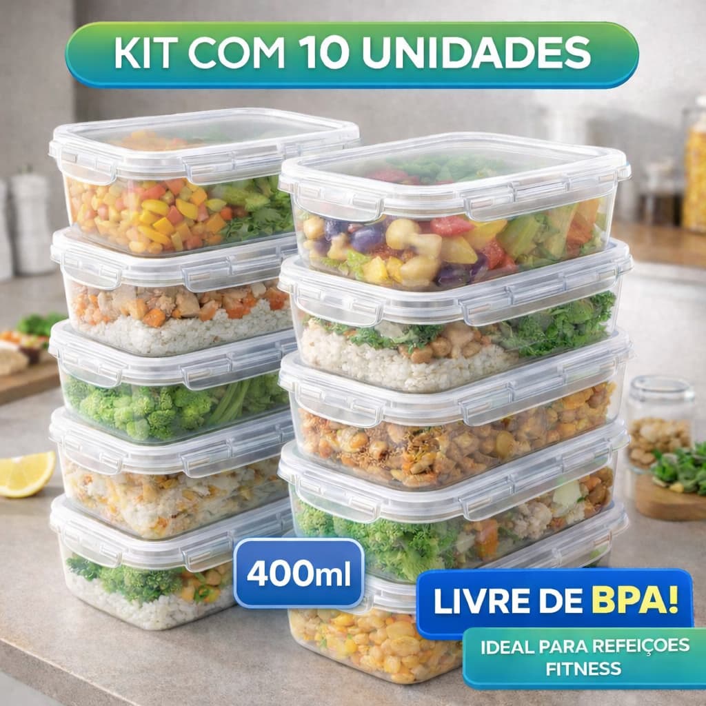 Kit 10 Potes Marmita Fit 400ML Retangular Com Tampa 4 Travas Jogo de Potes Livres de BPA