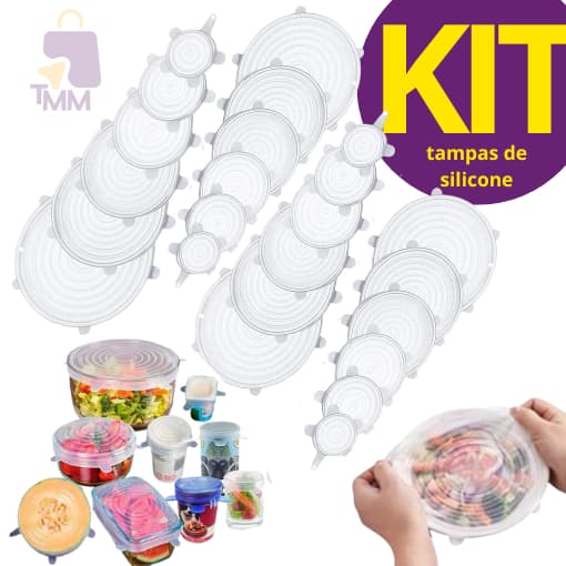 Kit Tampas de Silicone Reutilizáveis, Flexíveis, Elásticas e Resistentes.