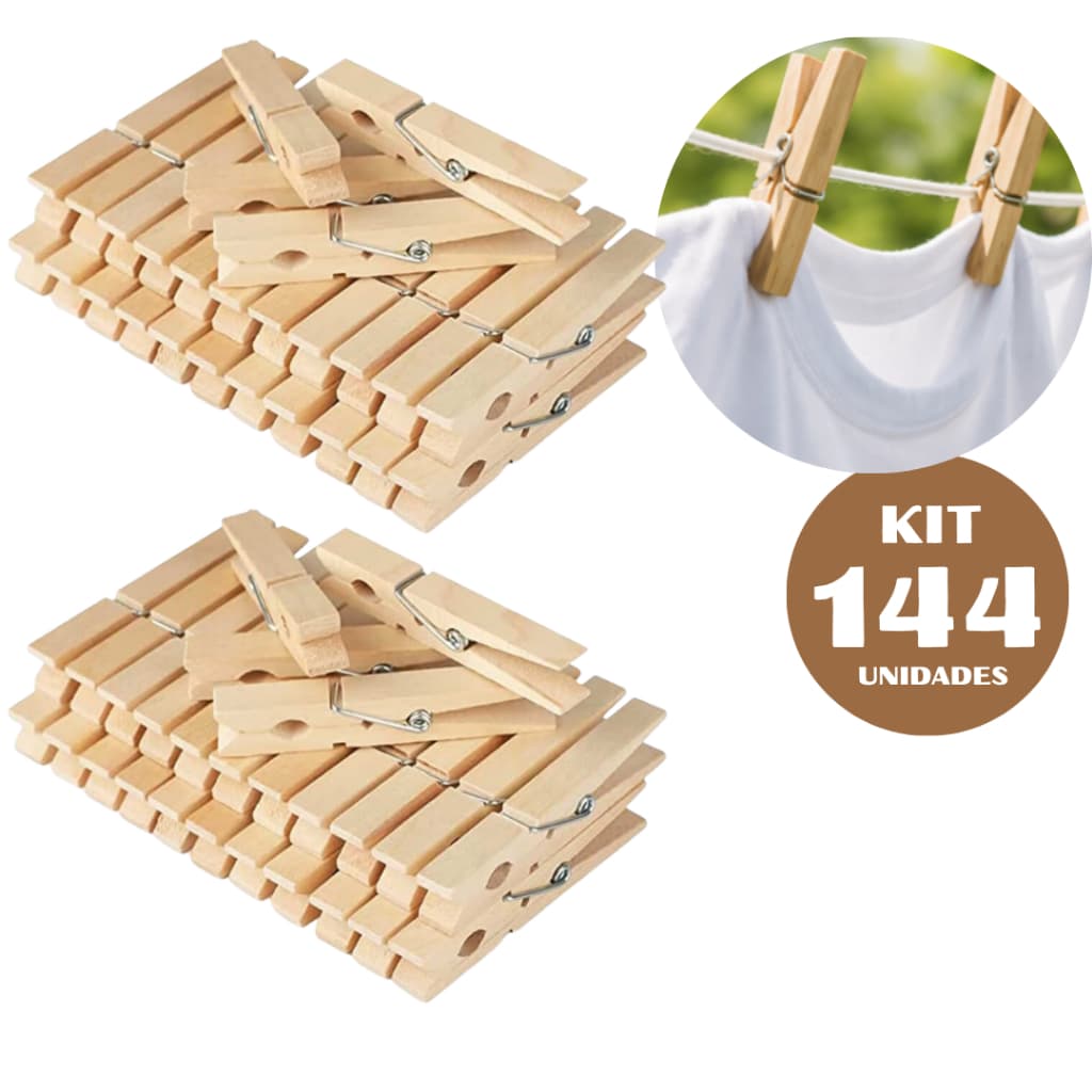 Kit 144 Grampo Pregador Prendedor Roupa Madeira Lavanderia Artesanato Varal Secar Prender