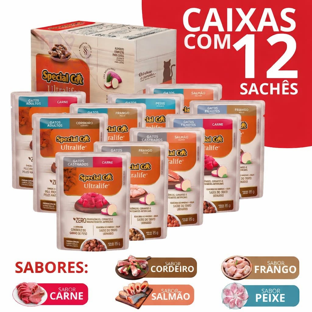 Ração Úmida Special Cat Sachê Para Gatos  Caixa com 12 Unidades 85g Cada Varios Sabores