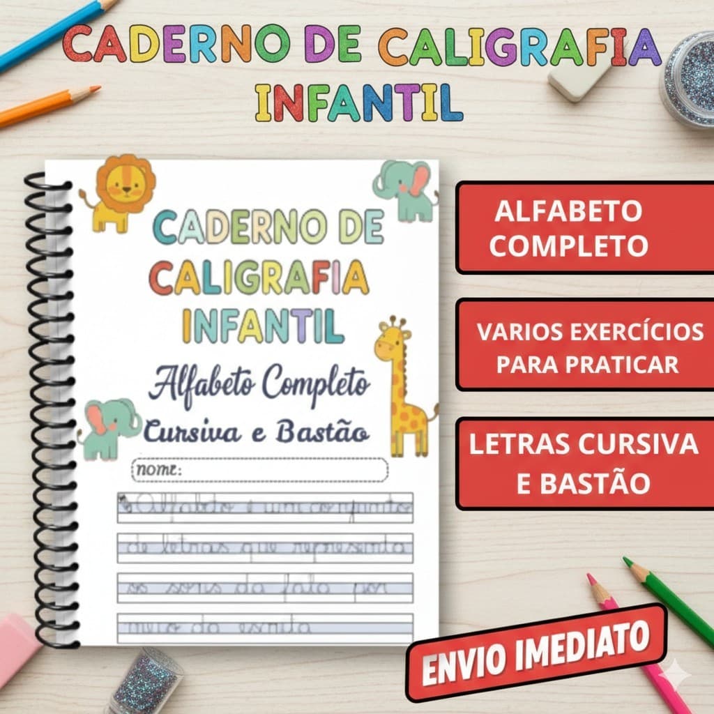 Caderno de Caligrafia Infantil e Juvenil com Vários Exercícios Para Praticar Mega Completo