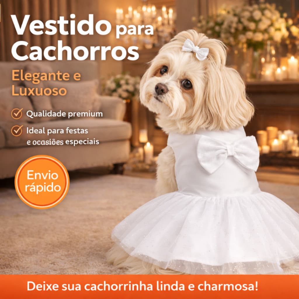 Vestido Pet Femea Encantado Branco Luxo para Casamentos  e Festas