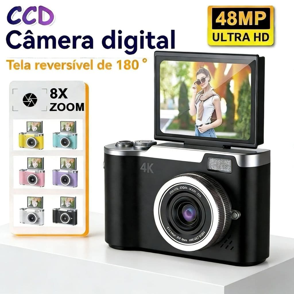 Câmera digital com zoom 4K CCD 8x, adequada para fotografia estudantil, compacta de 48MP, tela flip selfie de 180°