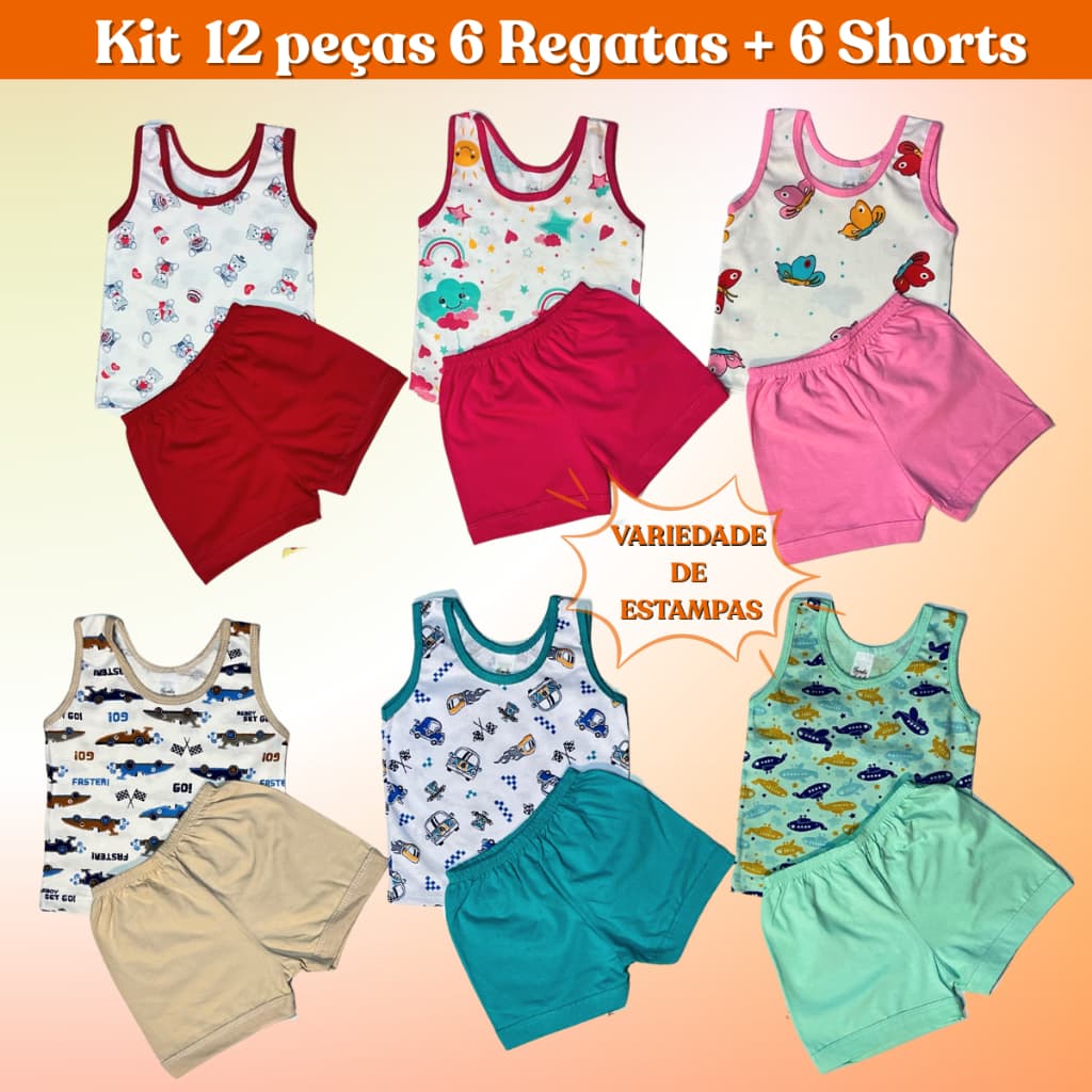 Conjunto Infantil Regata Estampada e Short Liso 100% Algodão  Kit de 6, 3, 2  e 1 Conjuntos Pijama de bebê