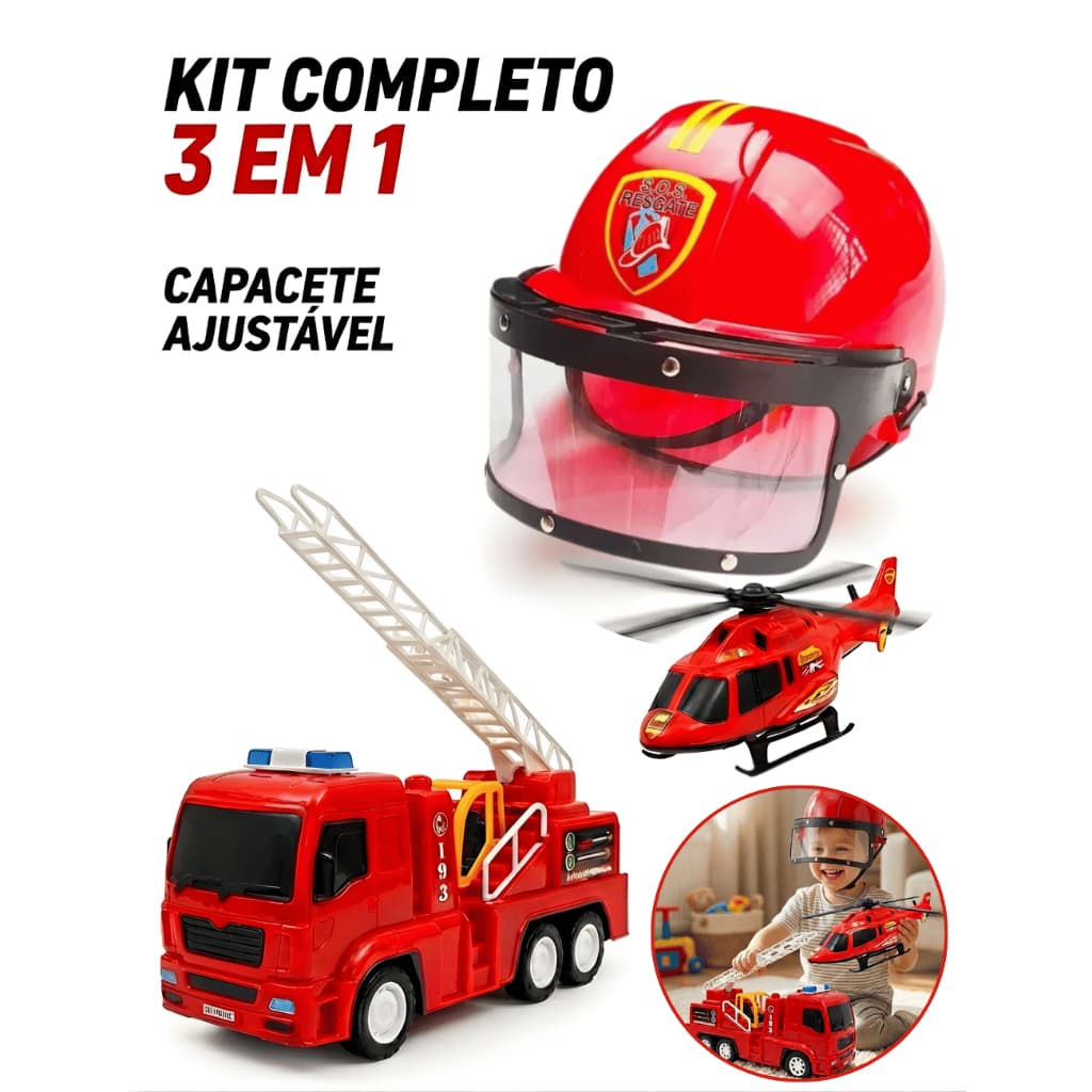Kit Bombeiros Brinquedos Infantil Caminhão Escada Helicóptero Realista Presente Carrinhos Meninos