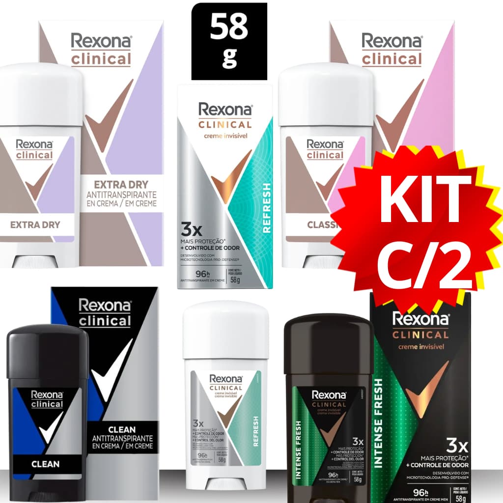 REXONA CLINICAL ANTITRANSPIRANTE CREME 58G | KIT COM 2 UNIDADES