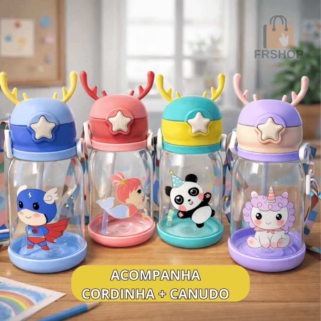 Garrafa de Agua Infantil Com Alça Canudo Copo de Alce Menino Menina