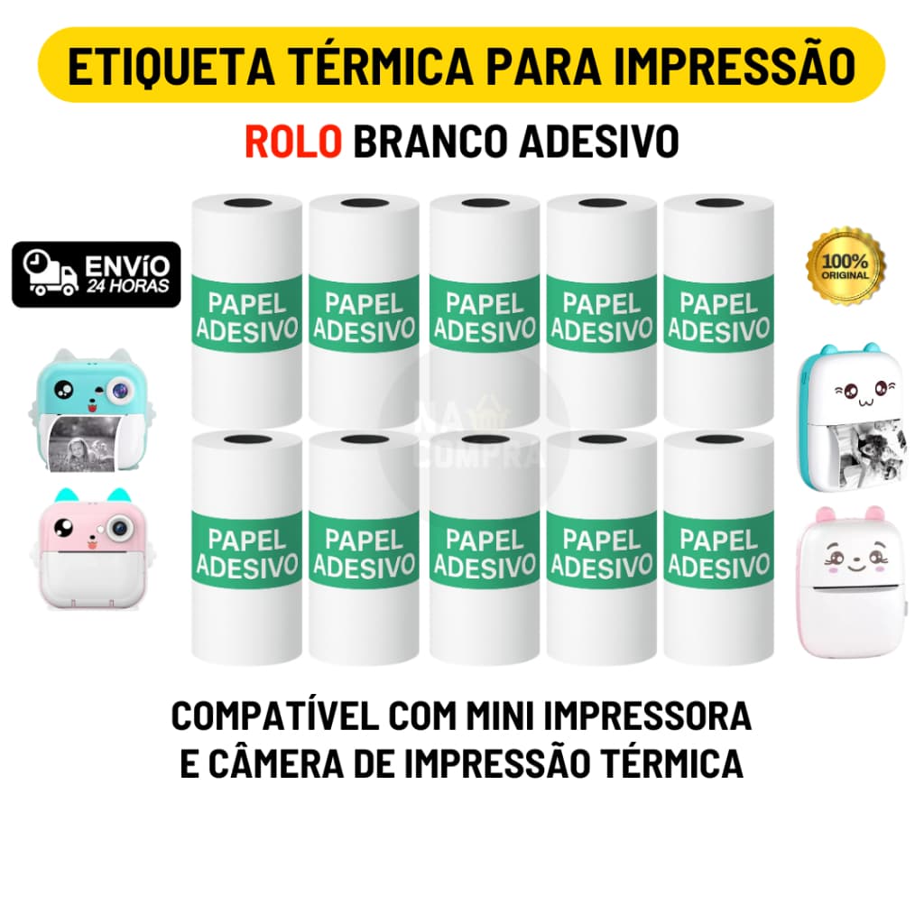 Rolo Etiqueta Térmica Adesiva Branco 57mm Refil Bobina Para Mini Impressora Portátil e Maquina Fotográfica