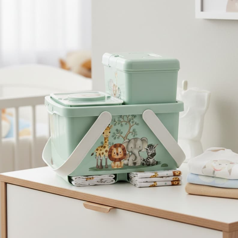 Kit Trocador Infantil 3 Peças com Porta Lenço, Caixa Farmácia e Dispenser de Fraldas