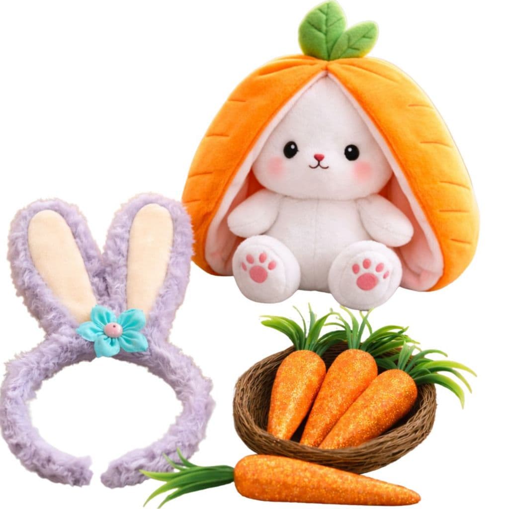 Kit Pascoa Tiara Cenoura Dourada Pelúcia Coelho Zíper Brincadeiras Festas