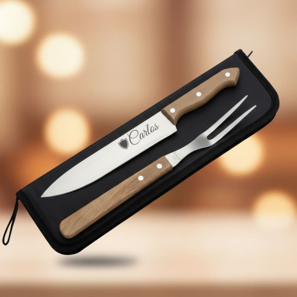 Kit Churrasco 2 pçs Faca Personalizado Garfo C/ Estojo Presente