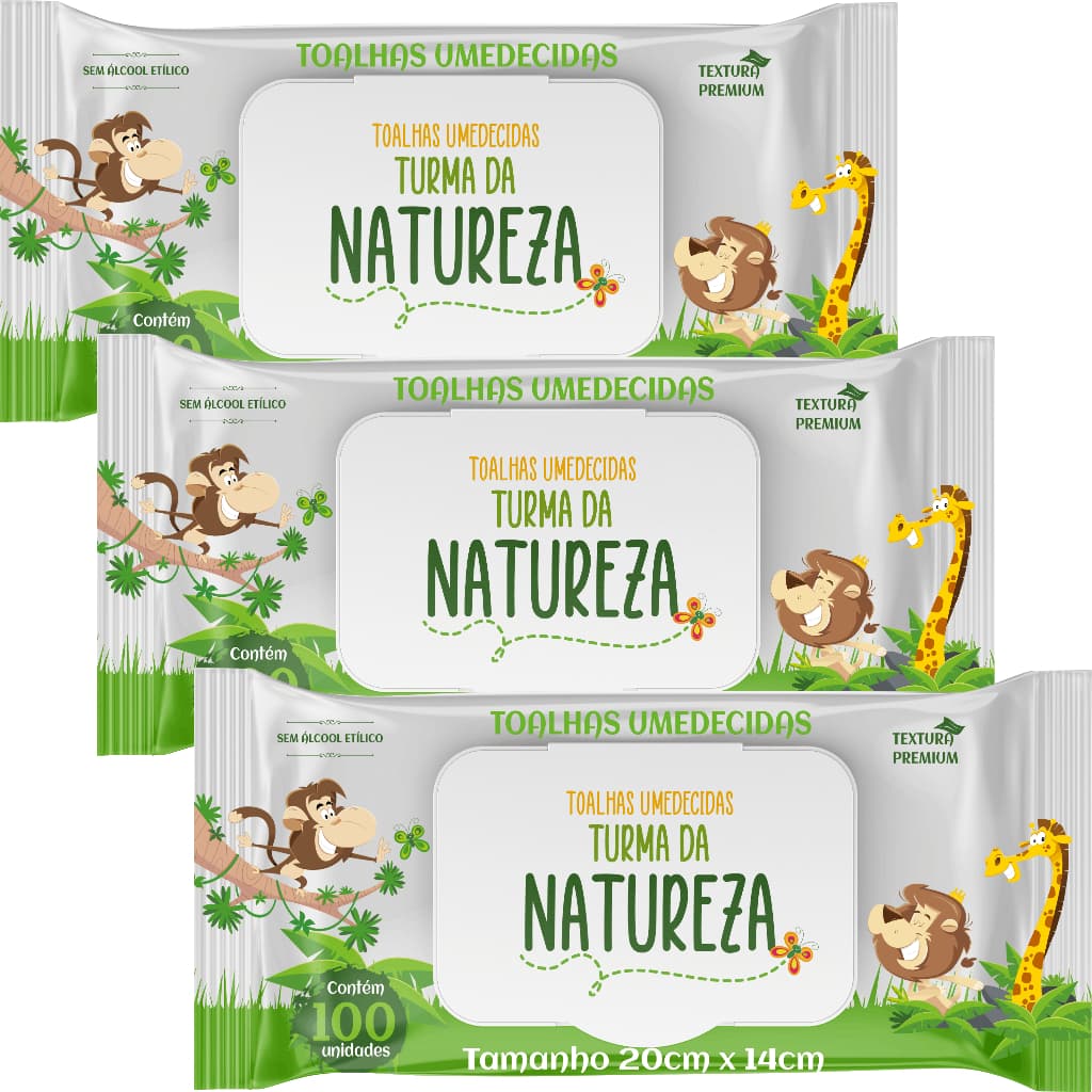 Kit C/3 Toalha Umedecida Turma da Natureza  100 Unidades Total 300