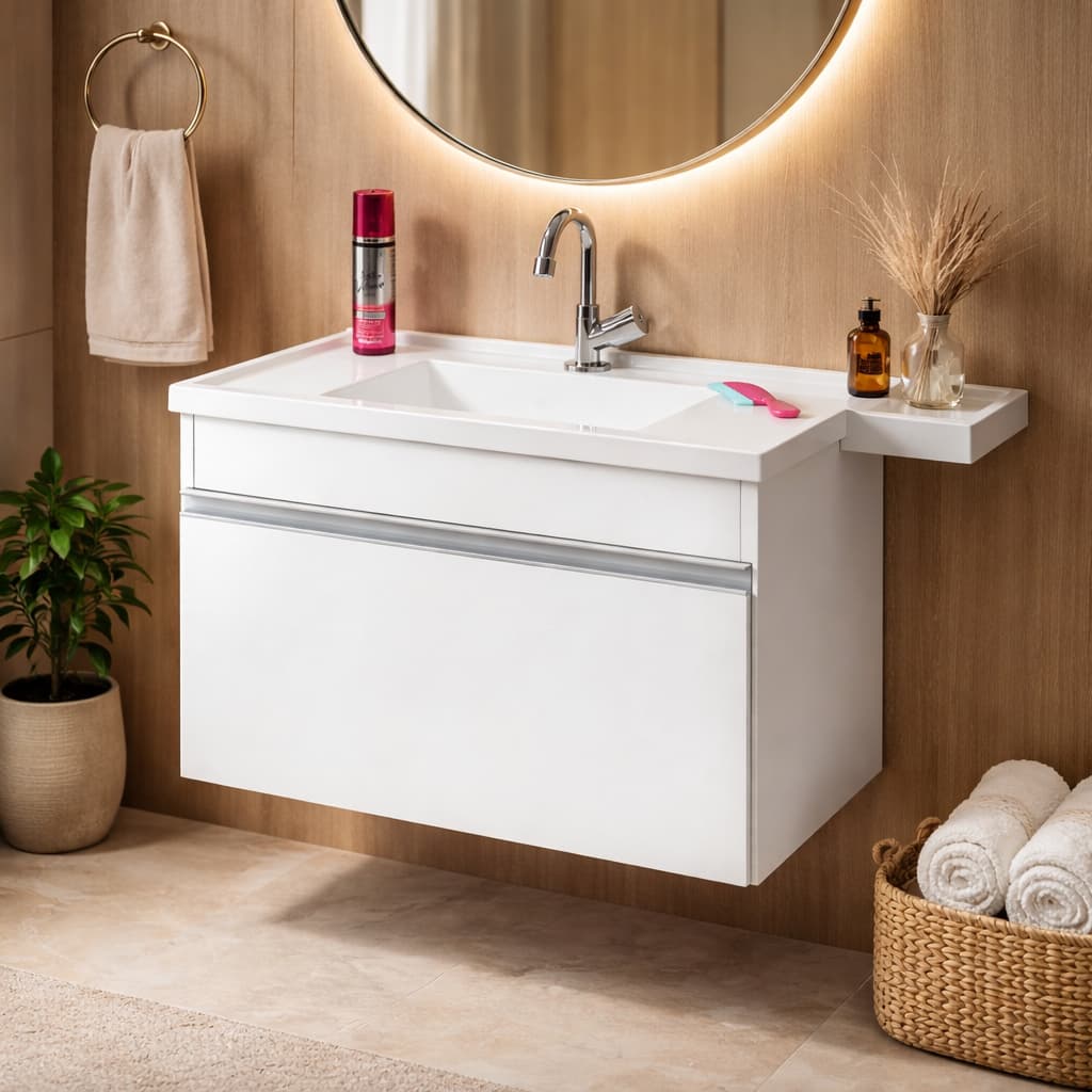 Gabinete Banheiro Marmore Sintetico Fiori 60 Com Pia #gabinete #banheiro #casa #lar #decoração #moveis