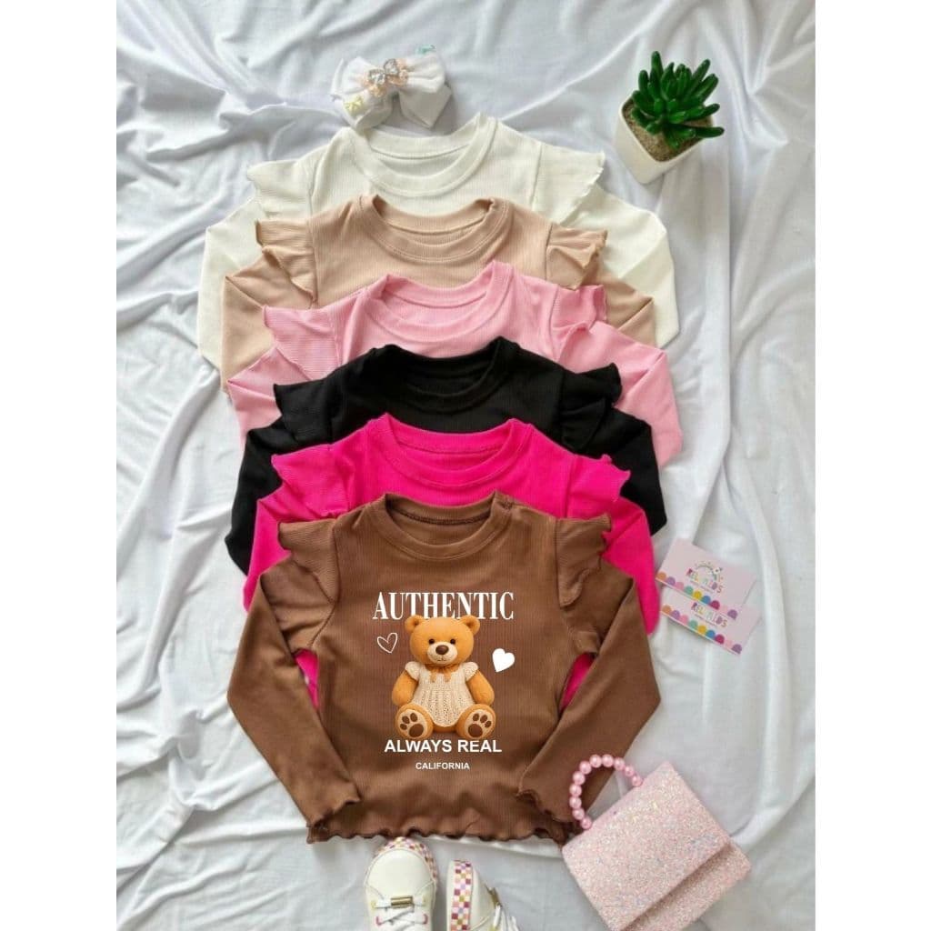 Blusa Infantil Menina Urso Authentic Manga Longa Meia Estação Canelado Ribana DTF03