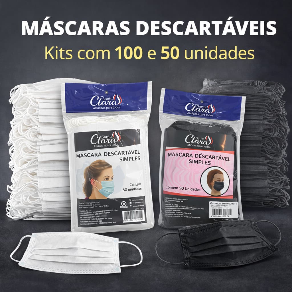Kit 50 ou 100 Unidades Máscara Descartável Santa Clara 2 Camadas –  Branca/Preta