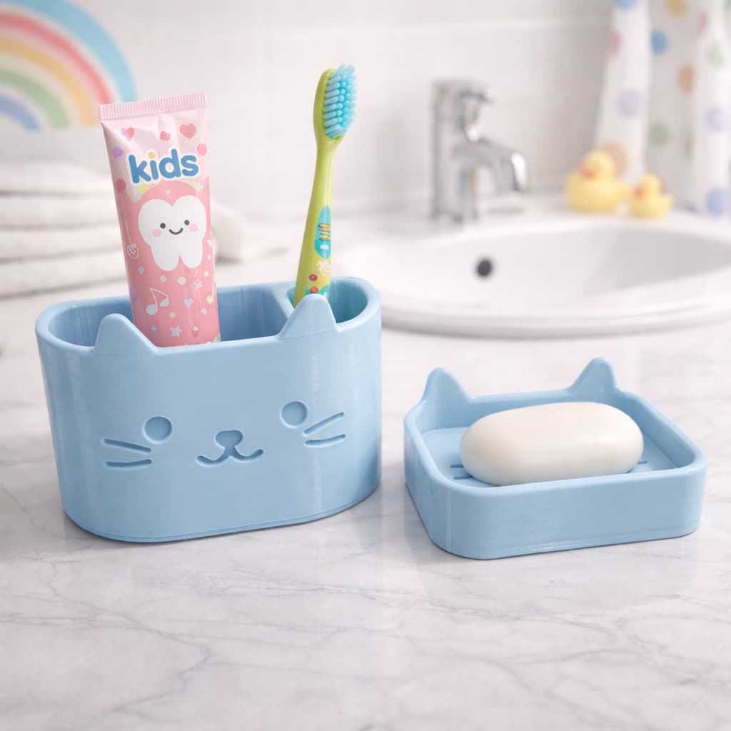 Kit Infantil Porta-Escova + Saboneteira Gatinho de Banheiro Infantil Decorativo e Funcional