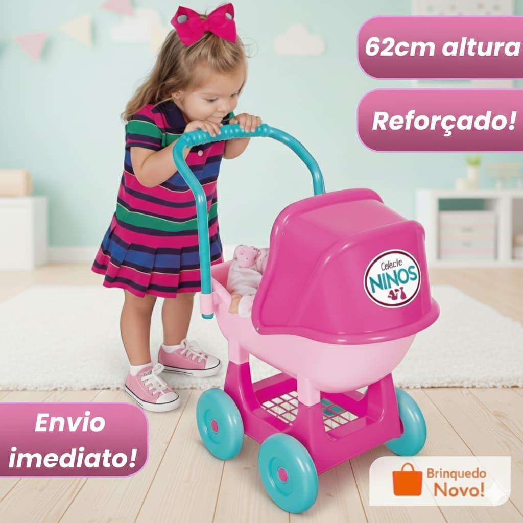 Carrinho de Boneca Bebê Grande Niños Cotiplás Rosa Alive Infantil Passeio Brinquedo Meninas 62cm