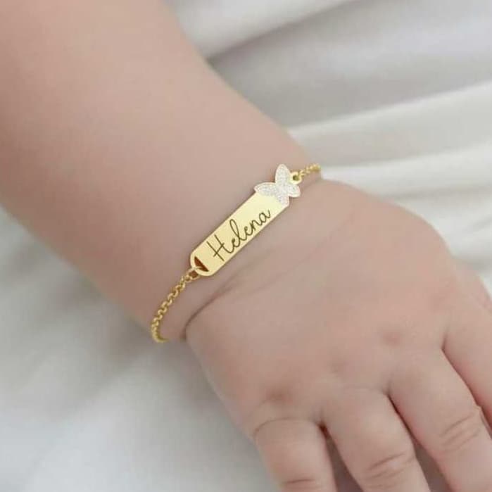 Pulseira Infantil com Nome Personalizada Bebê RN Banhada a Ouro 18k Antialérgica