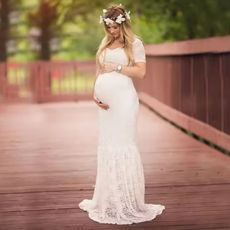 Vestido de Renda Mãe Sereia Ensaio Gestante Cor Branca