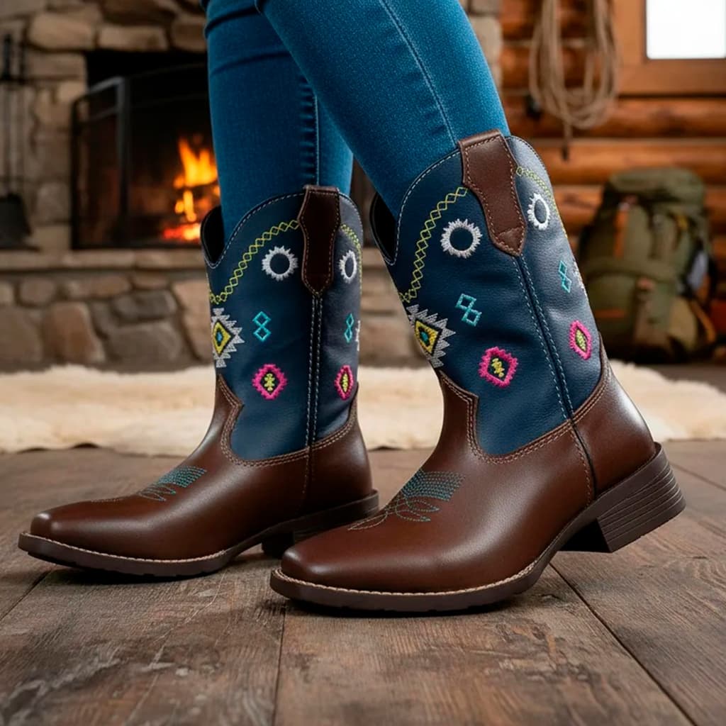 Bota Texana Infantil Menina Cano Longo Marrom com Bordado Floral Azul Kapell Em Couro