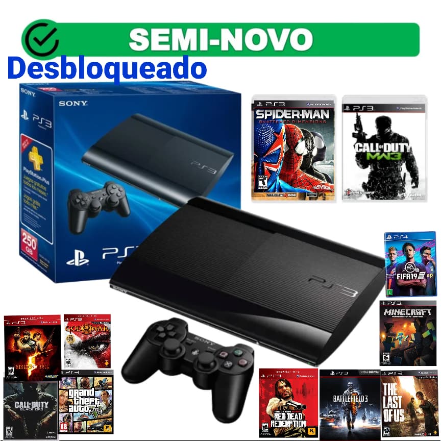 ps3 desbloqueado 1mil jogo 250gb 1 controle