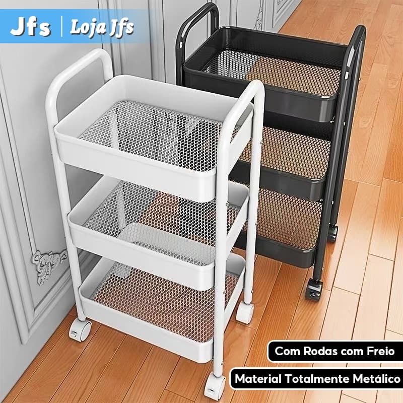 Carrinho Organizador 3 Andares em Aço Carbono I Rodinhas com Freio,Design Elegante e  Alta Durabilidade