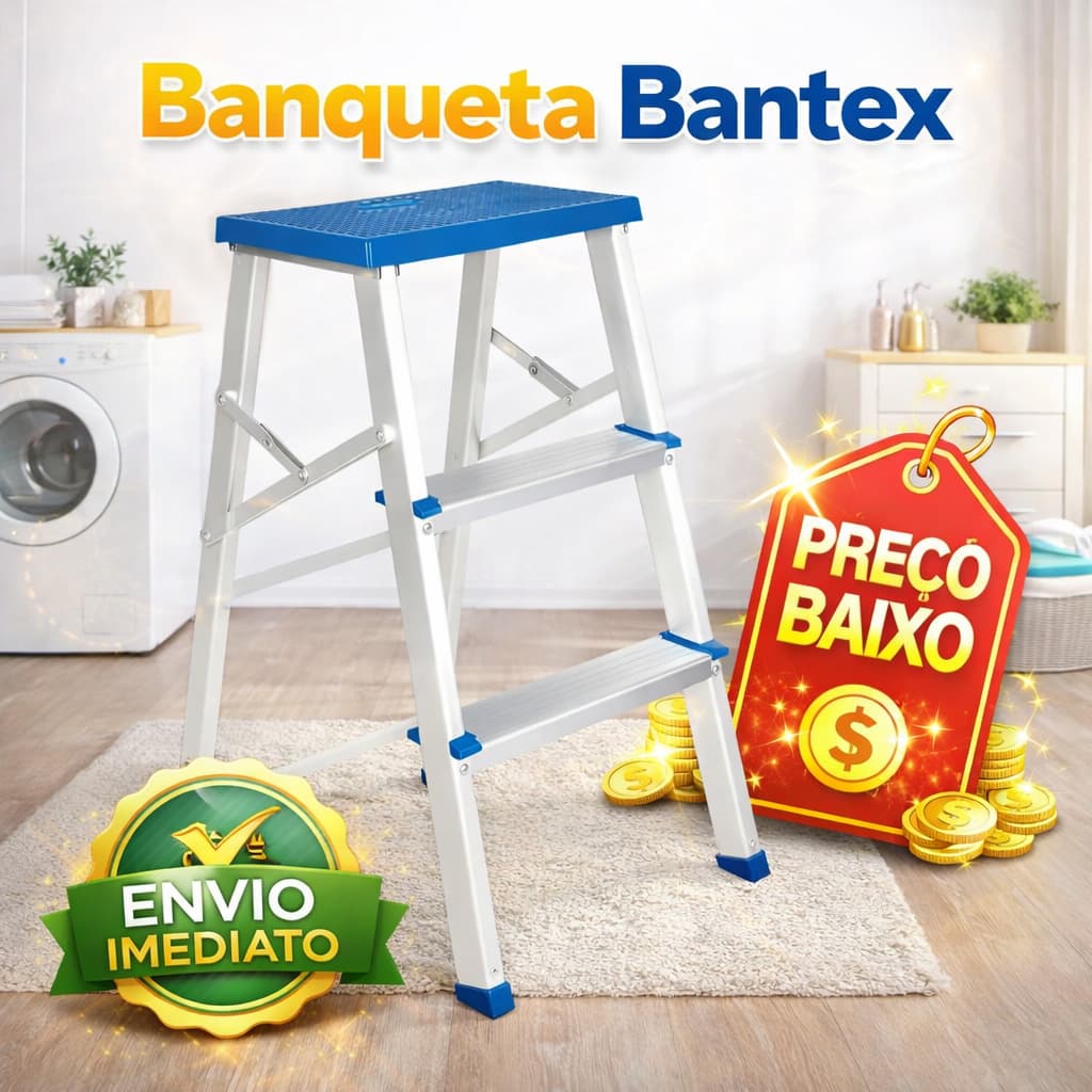 Escada Banqueta 3 Degraus 120kg Leve Dobrável Resistente Bantex