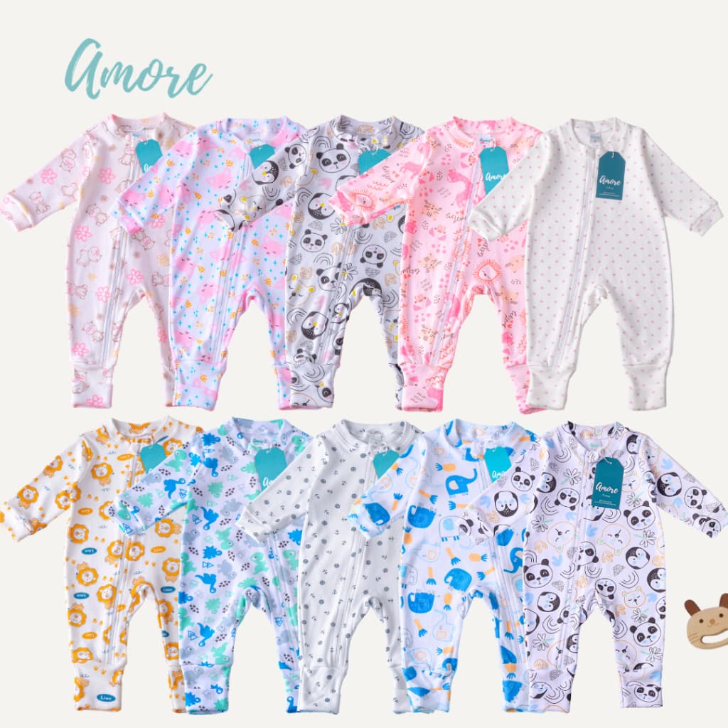 KIT 4 Macacões Bebê Amore Vira Pé com Ziper Sortidos Estampados 100% Algodão