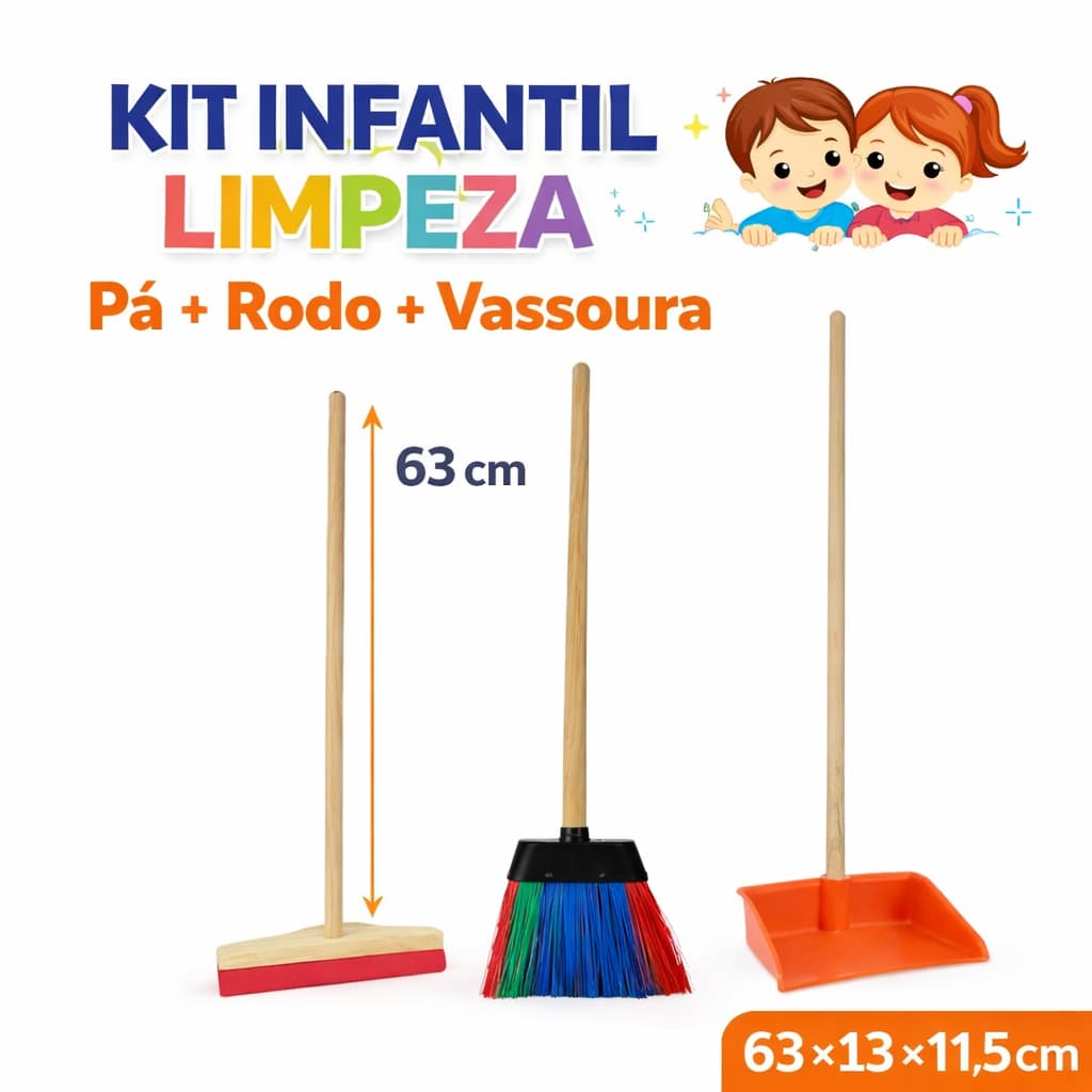 Kit Infantil de Limpeza 3 Itens com Mini Vassoura, Rodo e Pá – Brinquedo Educativo para Crianças
