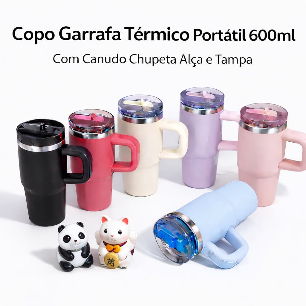 Copo Garrafa Térmico 600ml Inox Portátil com Alça e Canudo – Ideal para Carro e Presente Criativo