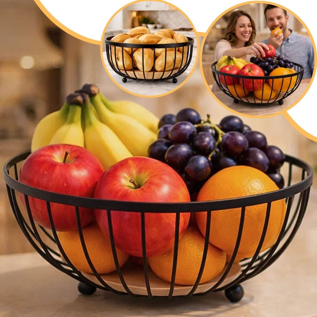 Fruteira Cesto de Mesa Aramada Organizador Decorativa Para Frutas Alimentos Cozinha Moderna Base Madeira Removível
