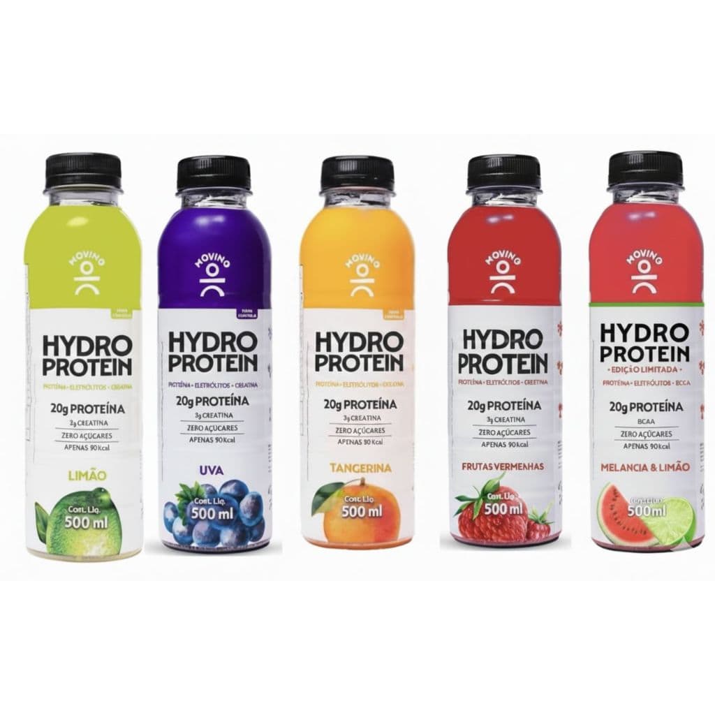 Kit Isotônico Hydro Protein Moving - Limão Uva Tangerina Frutas Vermelhas Melancia com Limão - 5x500ml - 20g Proteina