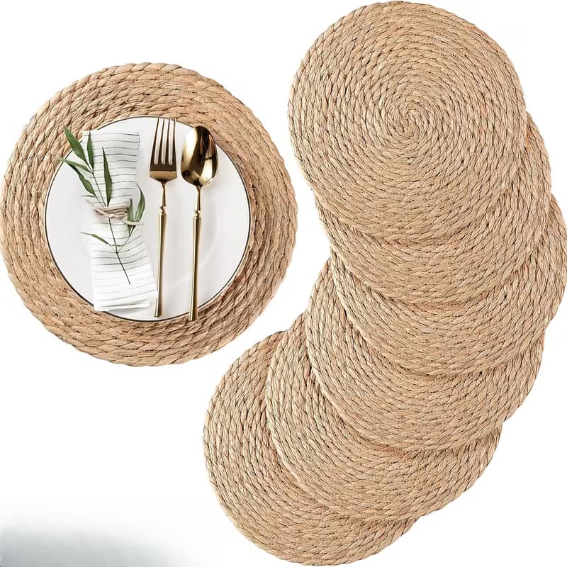 Jogo Americano 6 Peças Caramelo Franja Redondo Trançado 38cm Tapete de Mesa Posta