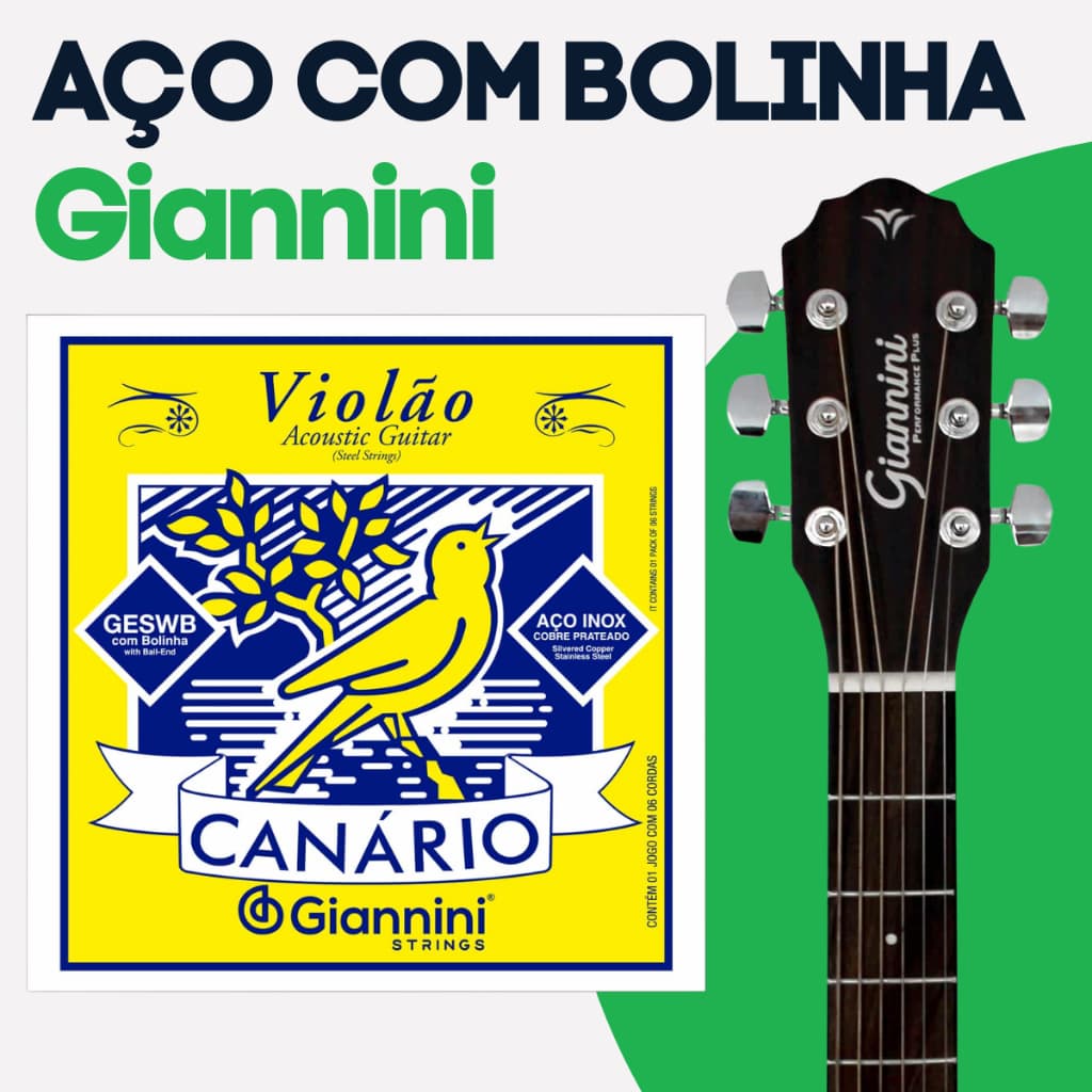 Encordoamento Giannini Com Bolinha Canário Geswb Encordoamento Violão Aço 011 Corda de Violão de Aço