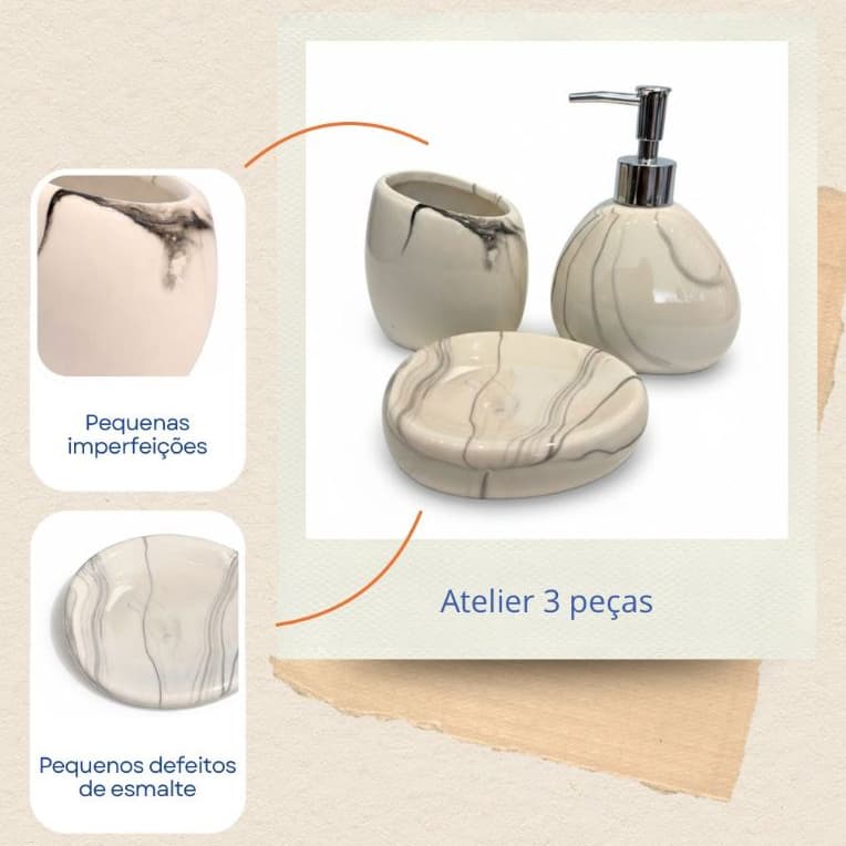 Kit Banheiro Lavabo 3 Peças (Pequenos Defeitos) Branco Porta Sabonete Líquido Suporte Escova